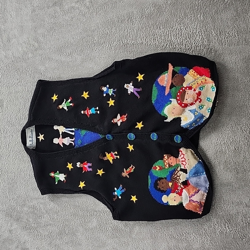 BellePointe Knit Vest Womens Large Vintage Black Embroidered We Are The World